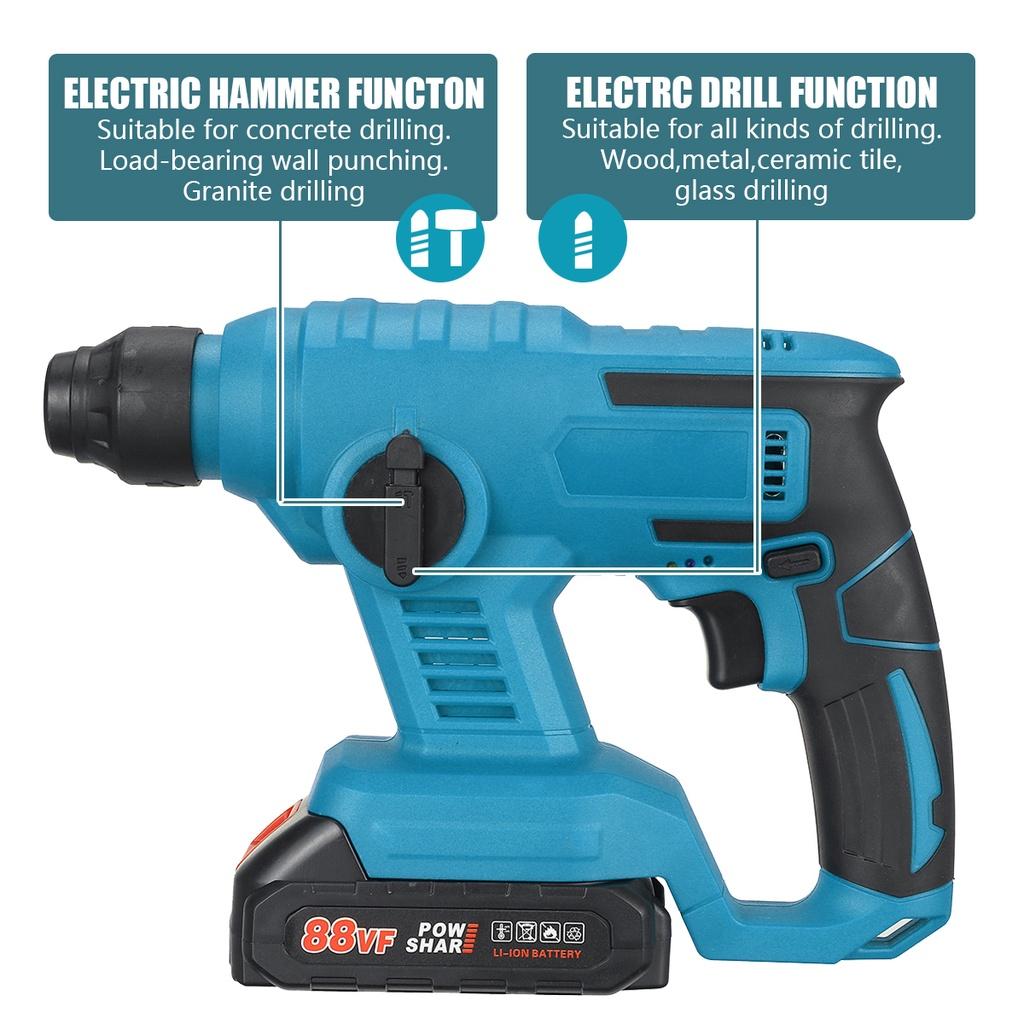 6200RMPM 88VF Electric Rotary Hammer Rechargeable Cordless Multifunction Hammer Impact Drill for 18V Battery