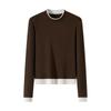 4 Lyocell acetic acid contrasting color fake two-piece crew neck women's wool T-shirt