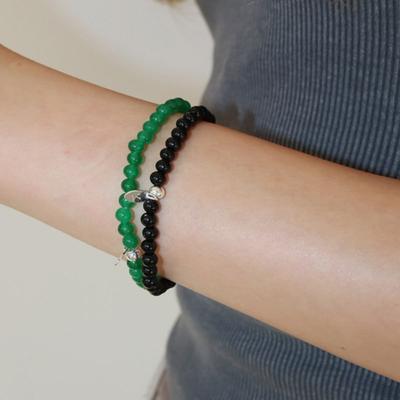 Modernlike Silver Ball Natural Gemstone Bead Onyx Bracelet Coordination Black Green