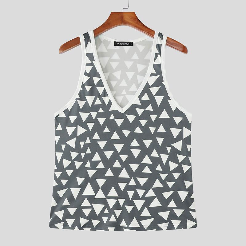 

INCERUN Summer Men V Neck Sleeveless Geometric Print Stitching Casual Tank Tops 5XL серый