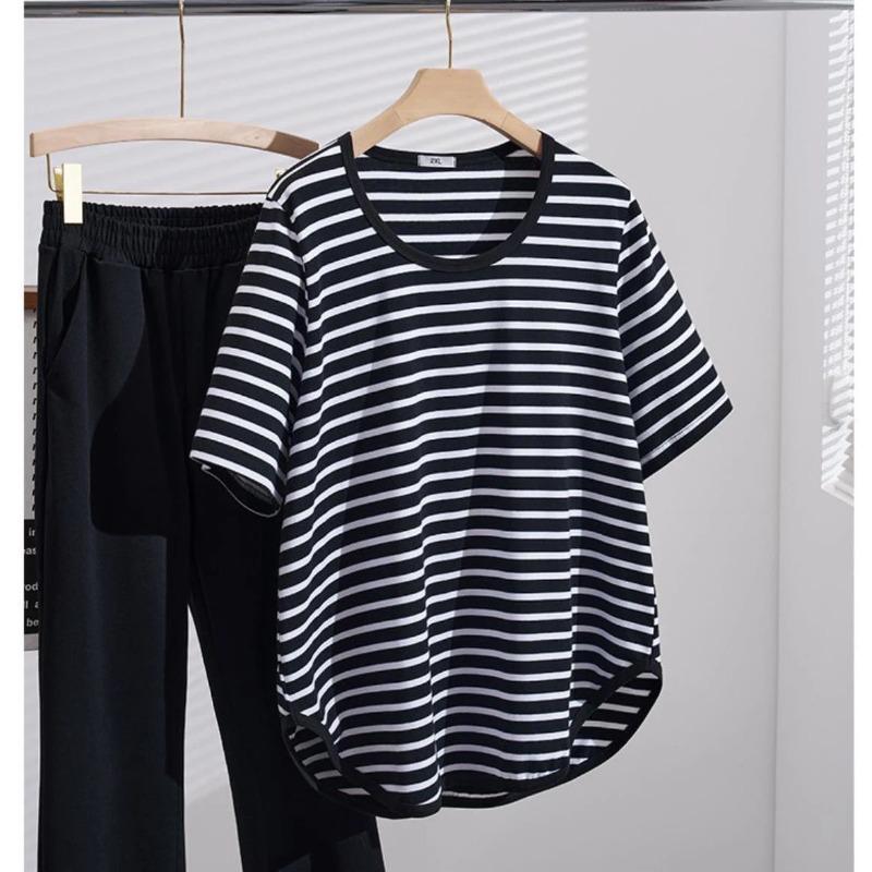 T-shirt Women Stripe Summer Casual Large Size Loose Round Neck Pullover Short-sleeved Tops