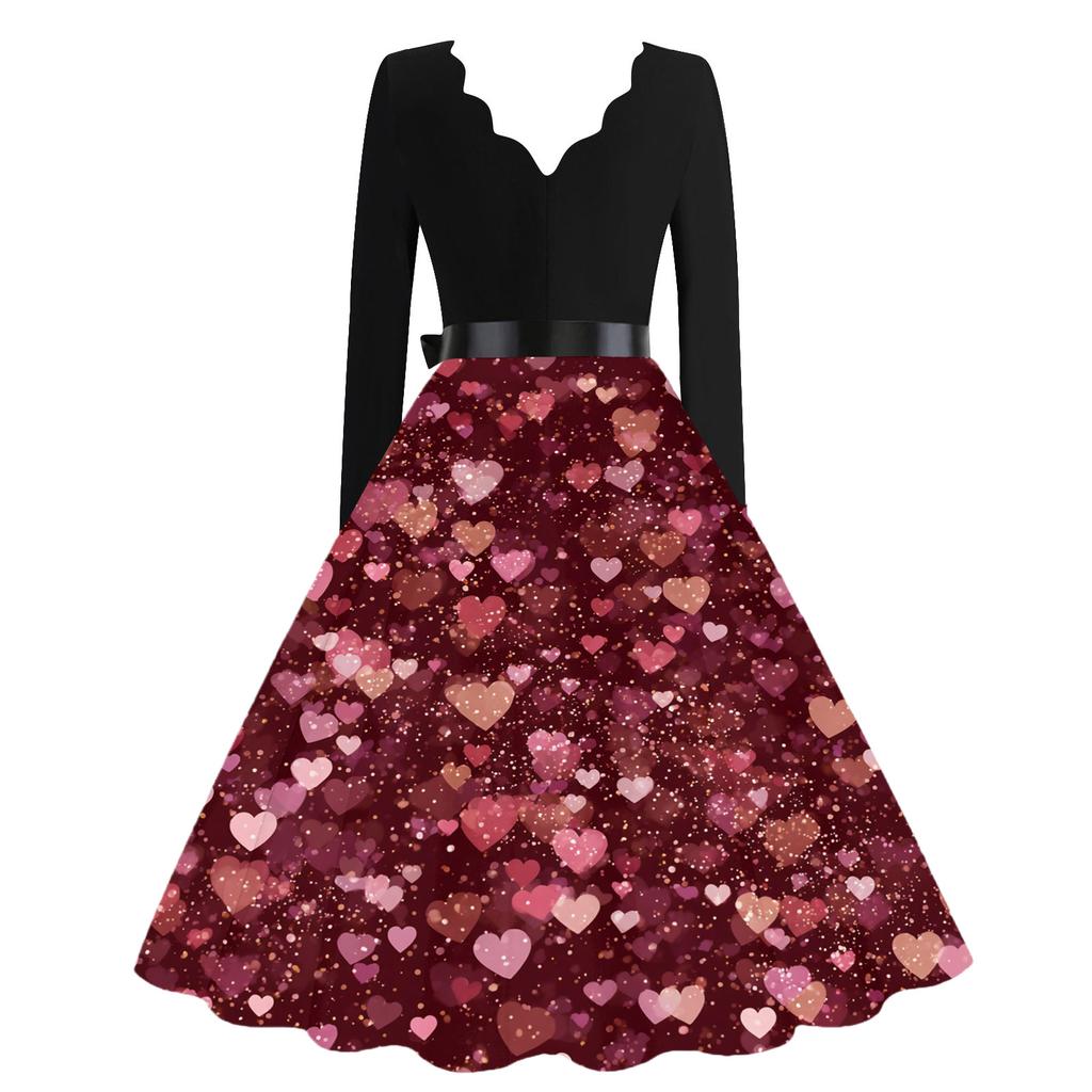 Damska Codzienna Modna Sukienka Retro z Nadrukiem Walentynkowym i Dekoltem V