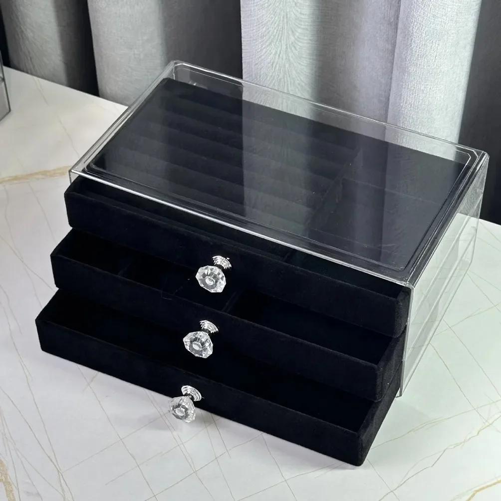 Acrylic Velvet Jewelry Organizer with 3 Drawers Stackable Display Storage Earrings Necklace Bracelets Box Holder Case for Women