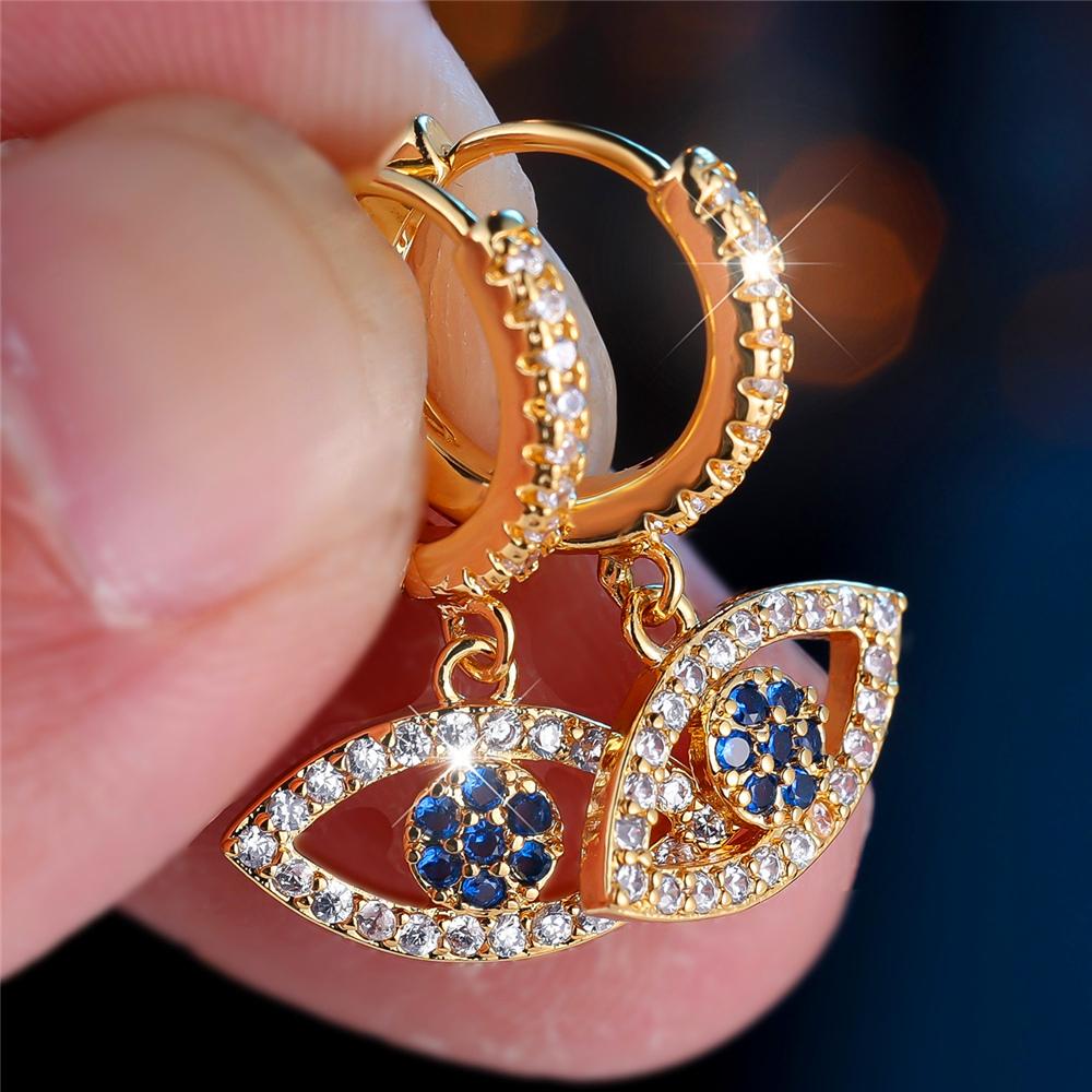 Trendy Crystal White Zircon Blue Eyes Hoop Earrings For Women Vintage Gold Color Wedding