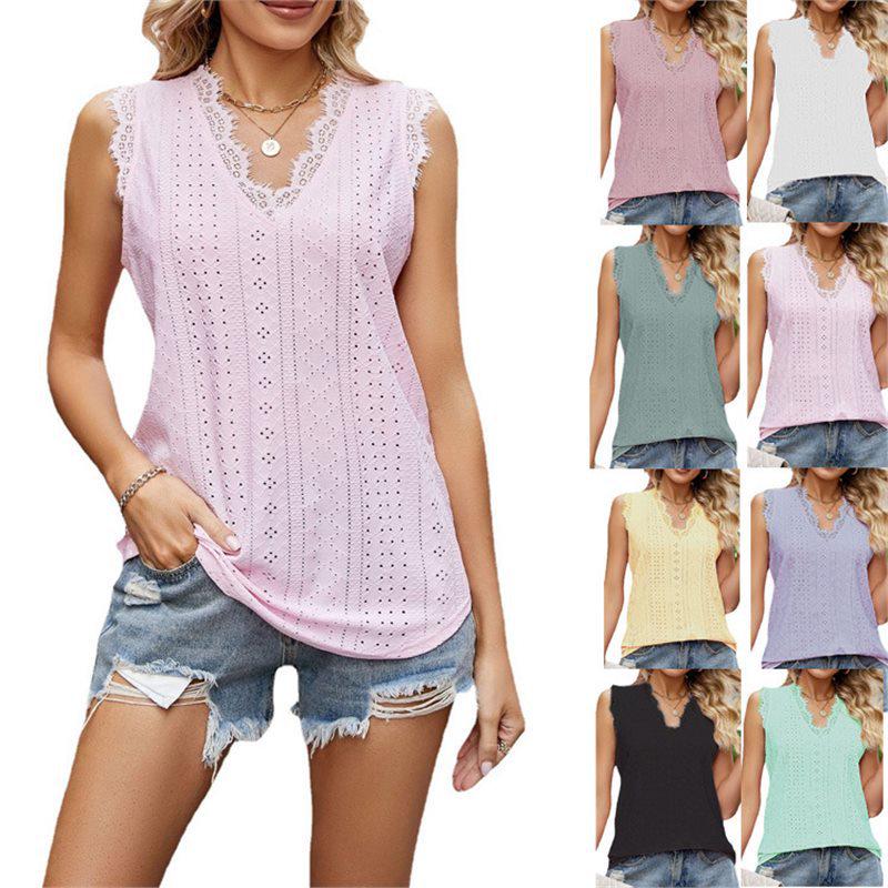 

2024 Summer Women s V-Neck Lace Trim Sleeveless Hollow Out Vest Top Medium
