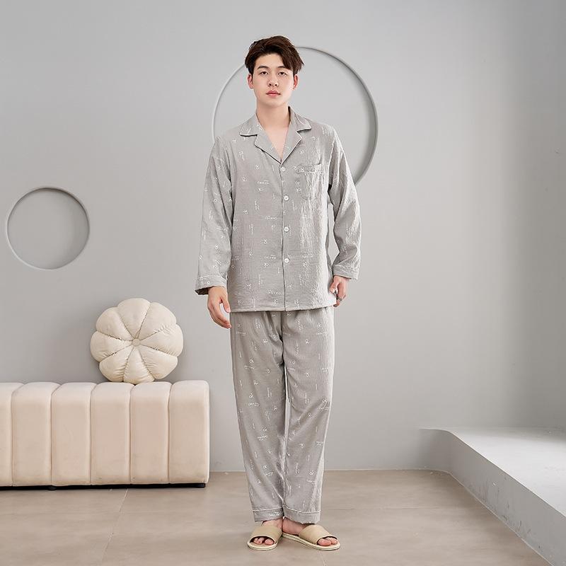 1011 New Cloud Cotton Men's Pajamas Cardigan Long Sleeve Pants Lapel Large Size Casual Loungewear Can be worn outside
