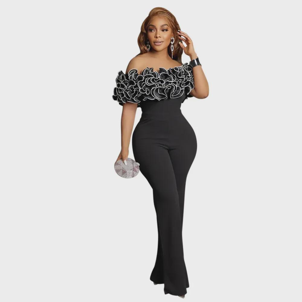 Women's One-Shoulder Lace Jumpsuit with Ruffle Detail
