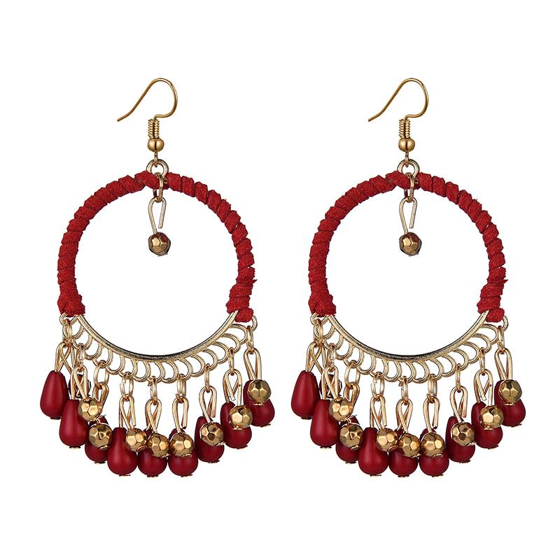 Bohemian Round Water Drop Tassel Earrings Jewelry Ethnic Style Hand Woven Hollow Geometric Statement Earrings for Women Girls