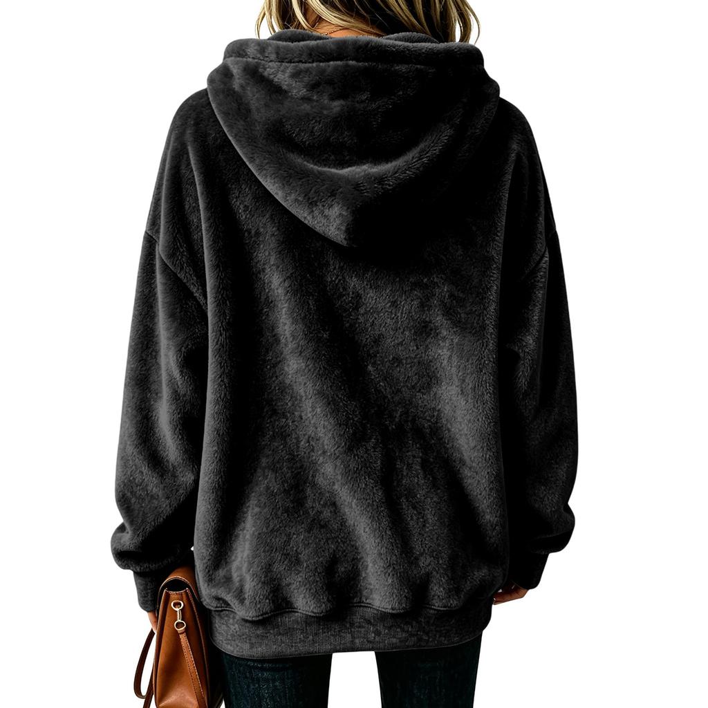 Women's Long Sleeve Flannel Hoodie Color Casual Pullover Top