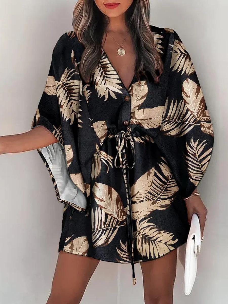 

Summer Sleeve V-Neck Tie-Up Casual Vacation Dress Women s Clothing XXL чорний