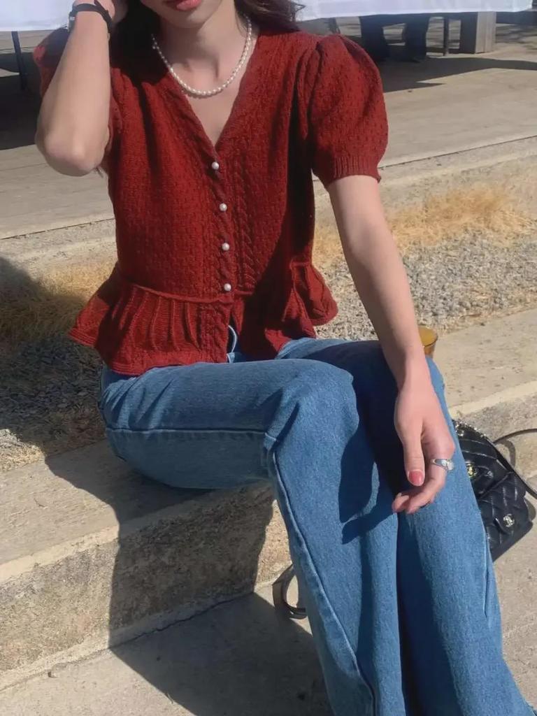 Korean Style Slimming Pearl Button Cutout Bubble Sleeve Knit Top