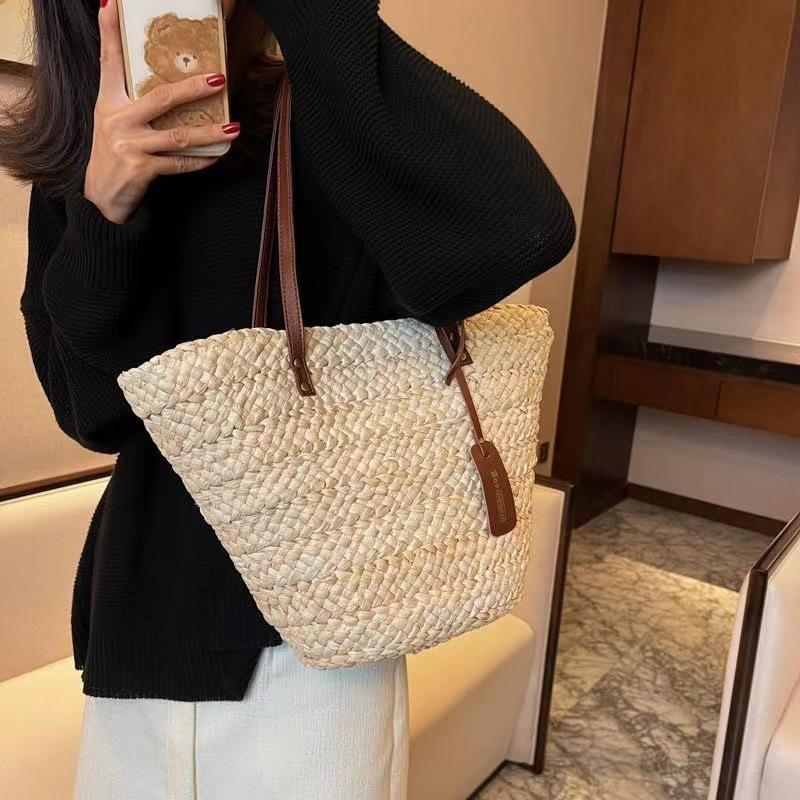 Vintage French Large Corn Husk Woven Tote – Handmade Straw Shoulder Bag for Women