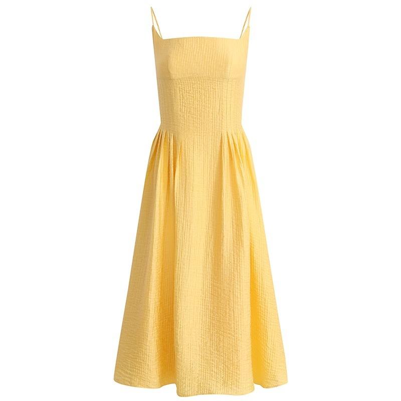 French Small Yellow Suspender Dress Women's Summer New Waist Temperament Long Dress Seaside Vacation Skirt