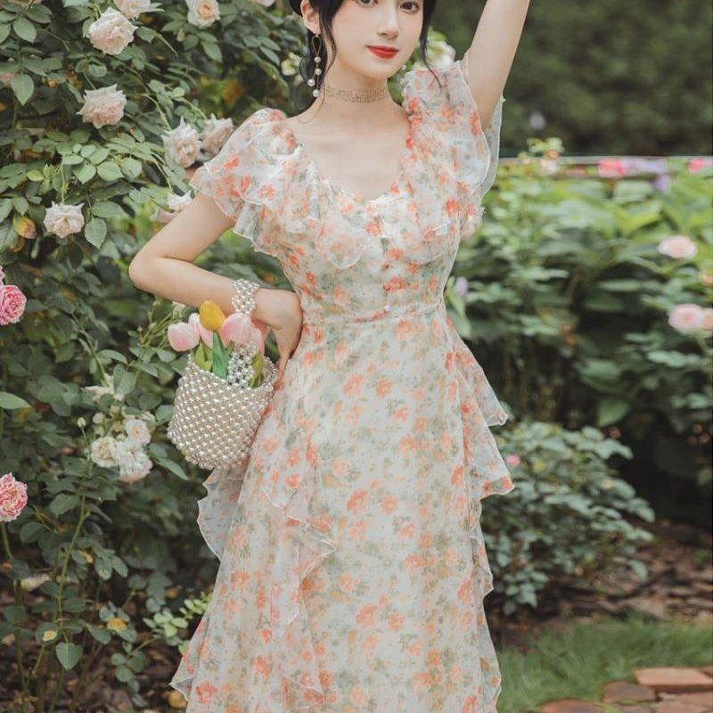 Retro-Blumen-Chiffonkleid mit langem Sommer-Taillen-Hugging und schlankmachendem Ein-Schulter-Langrock