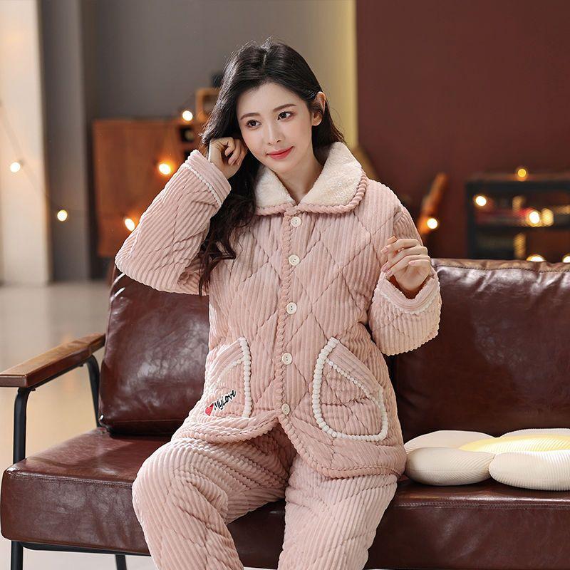 Pajamas women's three-layer thickened and cute winter can wear large-size warm padded loungewear