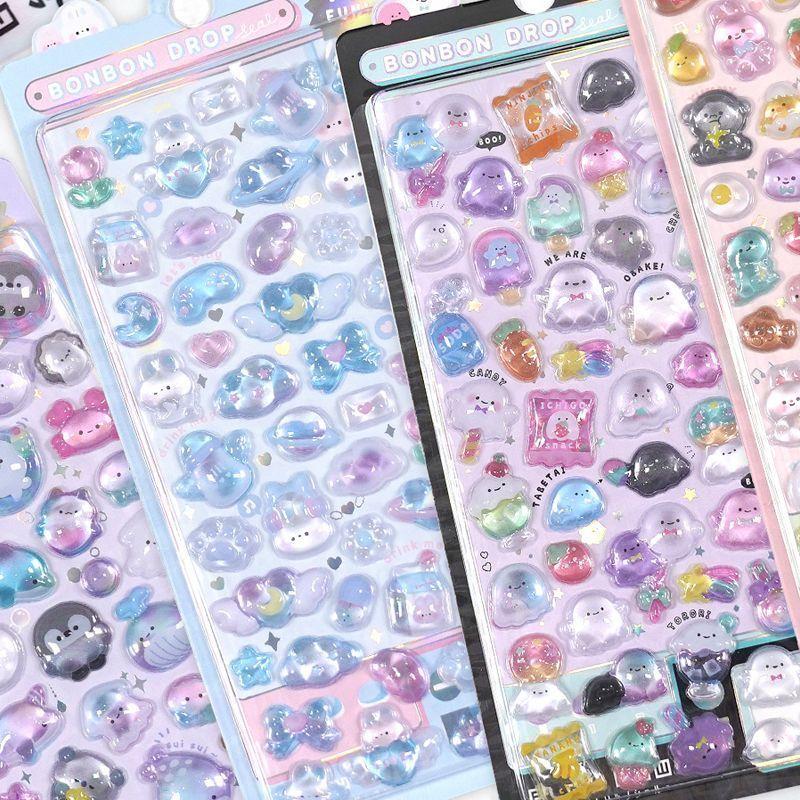 1pc/4pcs 3D Cartoon Crystal Embossed Stickers, Cute & Fun Planner-Style Stickers for DIY Phone Case Decoration,School Supplies