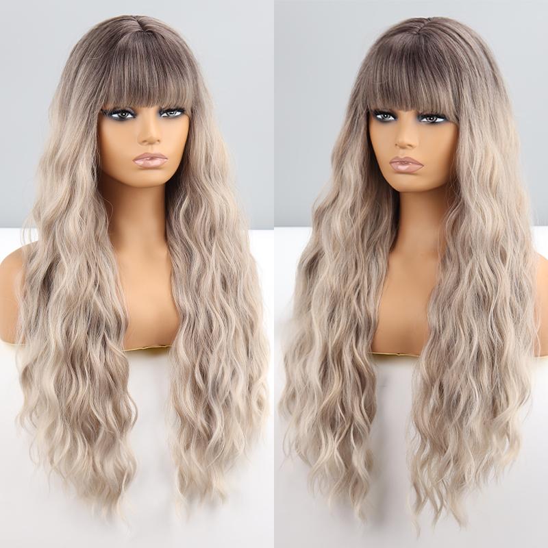 

MISSQUEEN женский длинный светло-русый цвет волнистый парик с челкой из синтетического волокна, натуральный глубокий волнистый парик для повседневной носки, цвет омбре