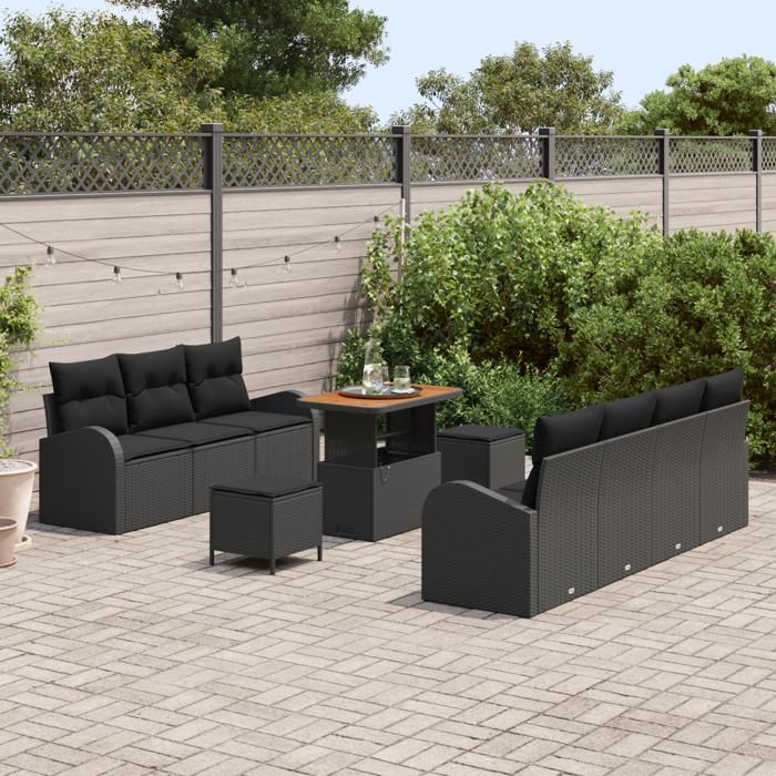 Ensemble de canapés de jardin 10 pièces avec coussins Noir Poly rotin Acacia, Canapé de jardin 2 places avec rangement 3364309