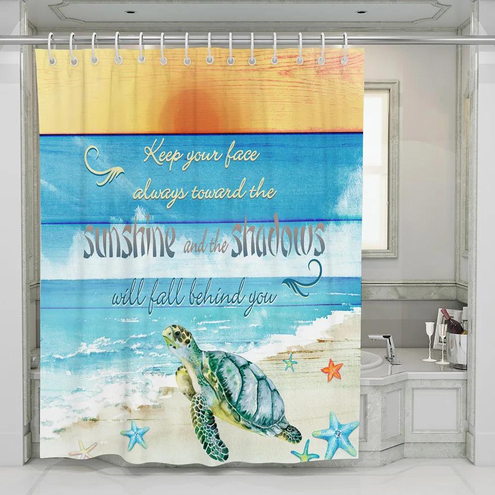 Full Moon Orchid On The Sea Landscape Shower Curtain Set Butterfly Marine Beach Turtle Wooden Board Background Bathroom Curtain