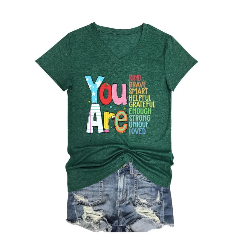 Summer V-neck Inspirational Text Printed Top Fashionable Casual Short Sleeved Women's T-shirts