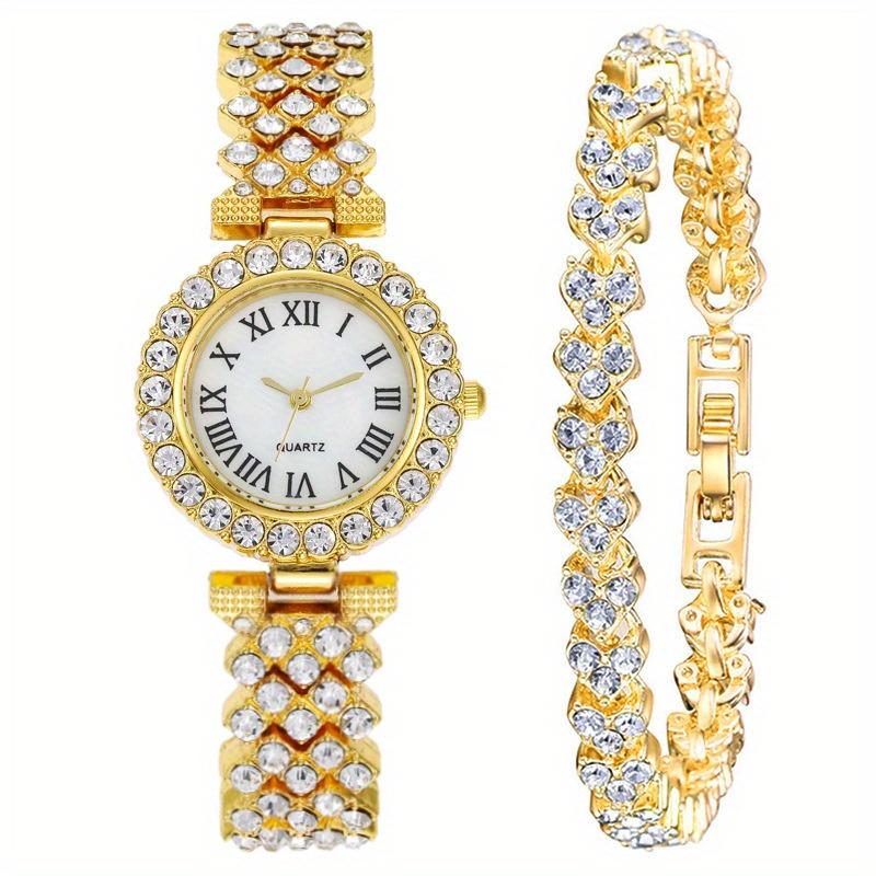 2pcs Luxury Women Rhinestone Rose Gold Watch Fashion Ladies Quartz Diamond Wristwatch Elegant Female Bracelet Watches Set Gift