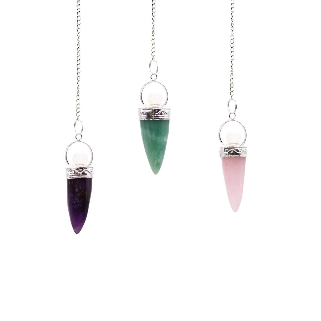 Crystal Dowsing Pendulum Cone and Silver Ring Assorted