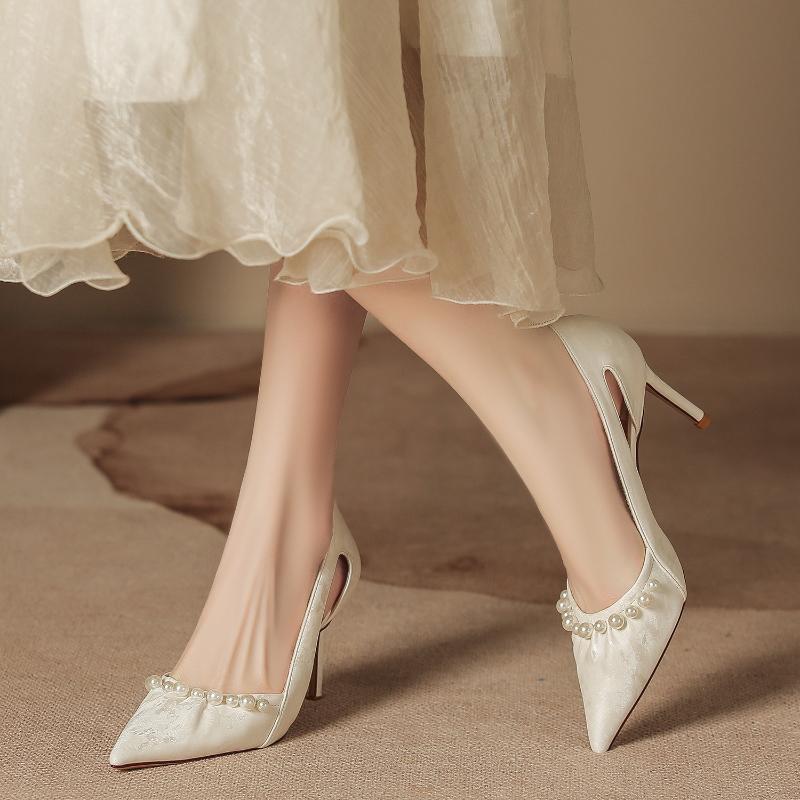 Women Ice Silk Hollow Out Pearl High Heels Autumn French Pointed Toe Slim Heel Vulcanized Shoes Elegant Design