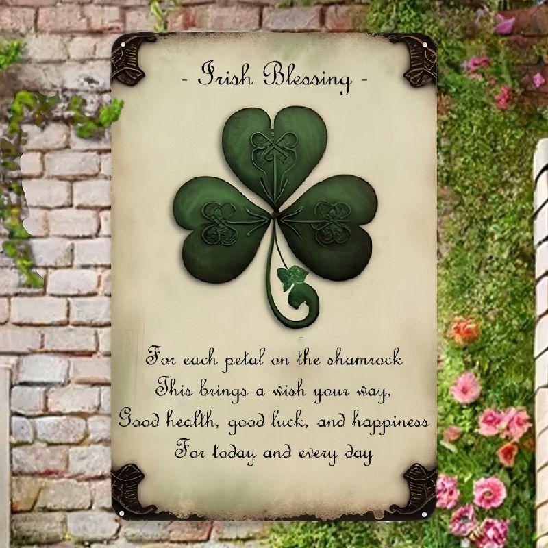 Hisun Tin Sign Vintage Irish Blessing Shamrock Four Leaf Clover Retro Metal Tin Sign Rustic St Patricks Day Decor Wall Art for Home Bar Pub
