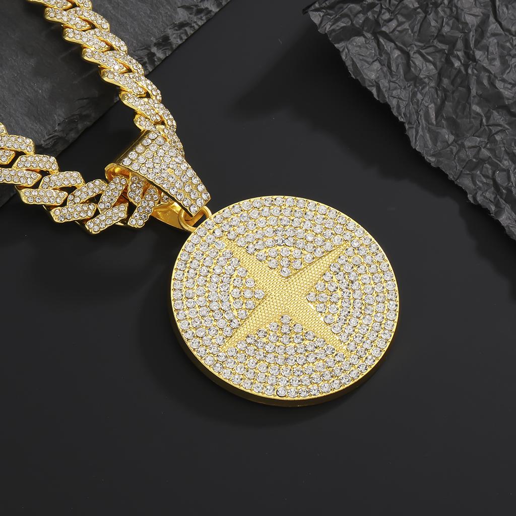 Men Hip Hop Long Cuban Chain Set Full Diamond Cross Star Round Plate Pendant European American Street Personality Niche Fashion Neck Jewelry Gift