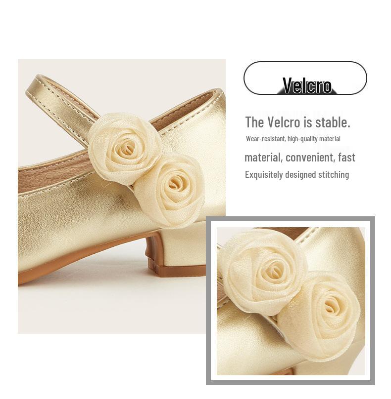 Spring 2026 Floral Round-Toe Princess Heels for Toddlers & Girls, Leather Shoes