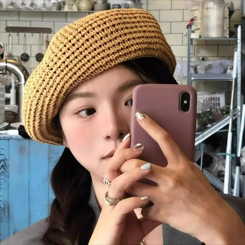 New Japanese Style Simple Woven Beret Ladies Spring Summer Thin Hollow Out Straw Beret British Beret Hollow Elegant Painter Hat