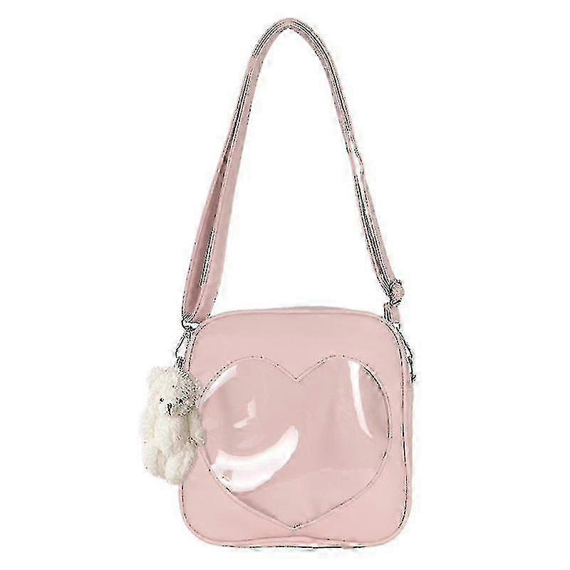 Square shoulder bag, transparent heart-shaped crossbody bag, PU leather shoulder bag, Pink