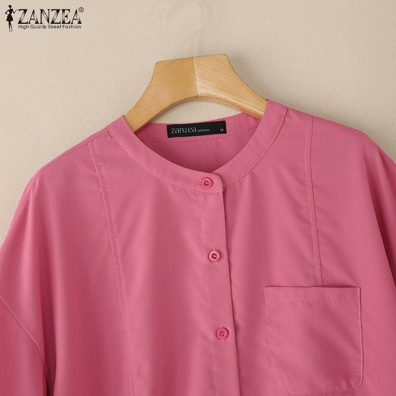 ZANZEA Women Casual Round Neck Loose 3/4 Sleeve Plain Blouse