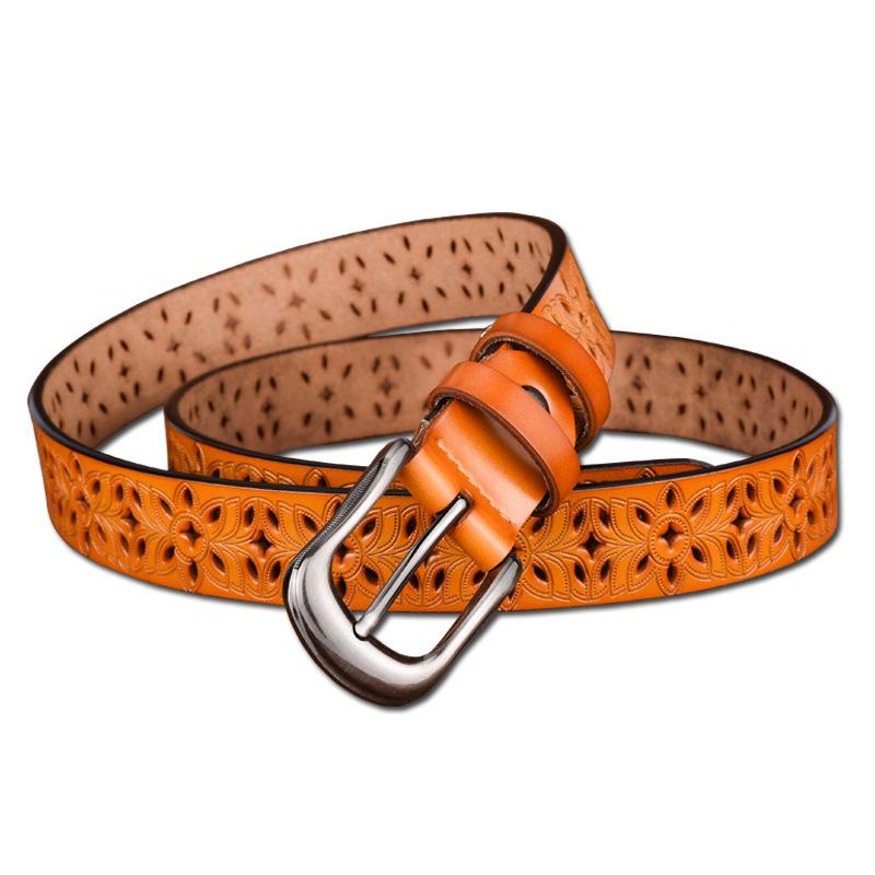Women'S Hollow Belt Pin Buckle Yellow Cowhide Belt Casual Pinhole Belt