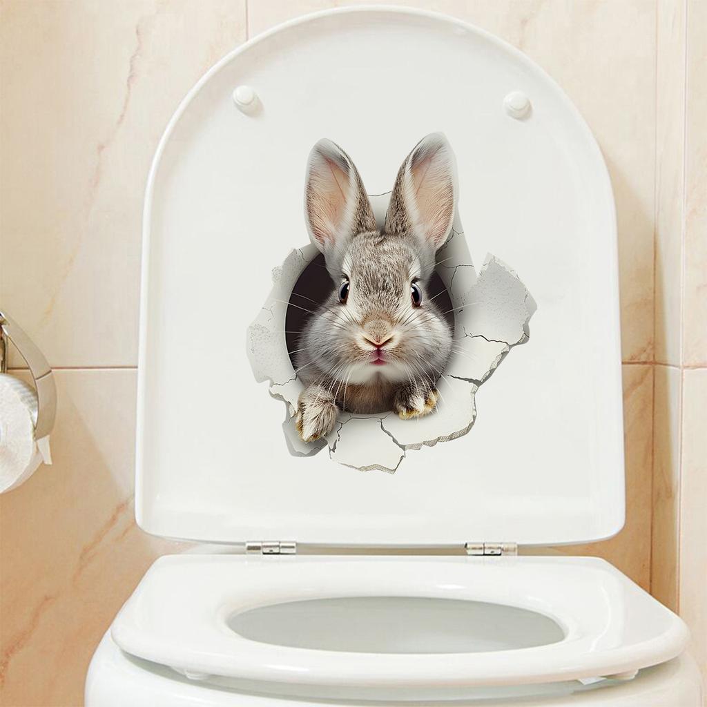3D Peeking Bunny Toilet Stickers, Cute Breaking Wall Rabbit Waterproof Removable Self-Adhesive