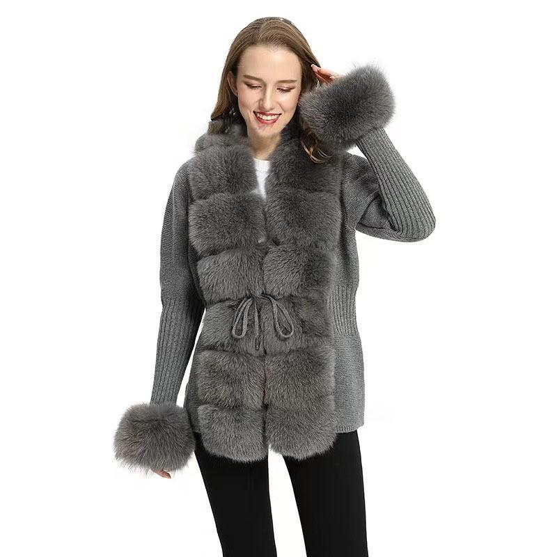Damen Strickjacke mit Kunstfuchsfellkragen Kurzer Warmer Wollmischungs Pullover Büro Chic