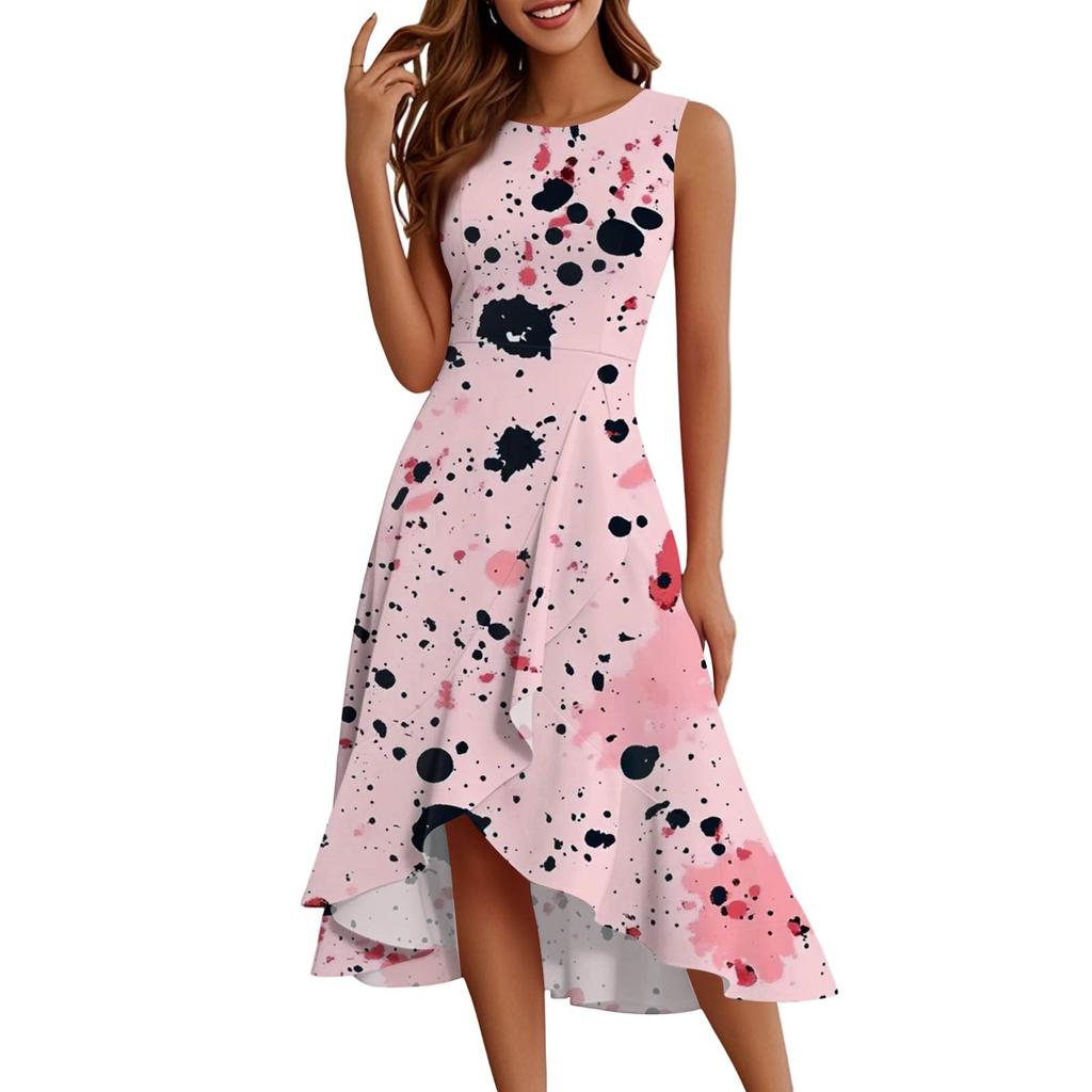 Damenmode Lässig Reißverschluss Ärmellos Rundhals Bedruckt Elegant Temperament Rüschenkleid Kleider