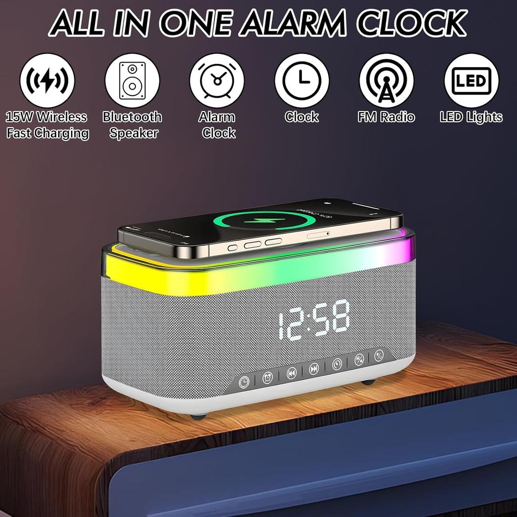 Despertador de Rádio de Cabeceira, Despertador com Carregamento Sem Fio de 15W, Alto-falante Bluetooth, Carregador Sem Fio, 13 Efeitos de Iluminação LED, Rádio FM, Carregamento USB