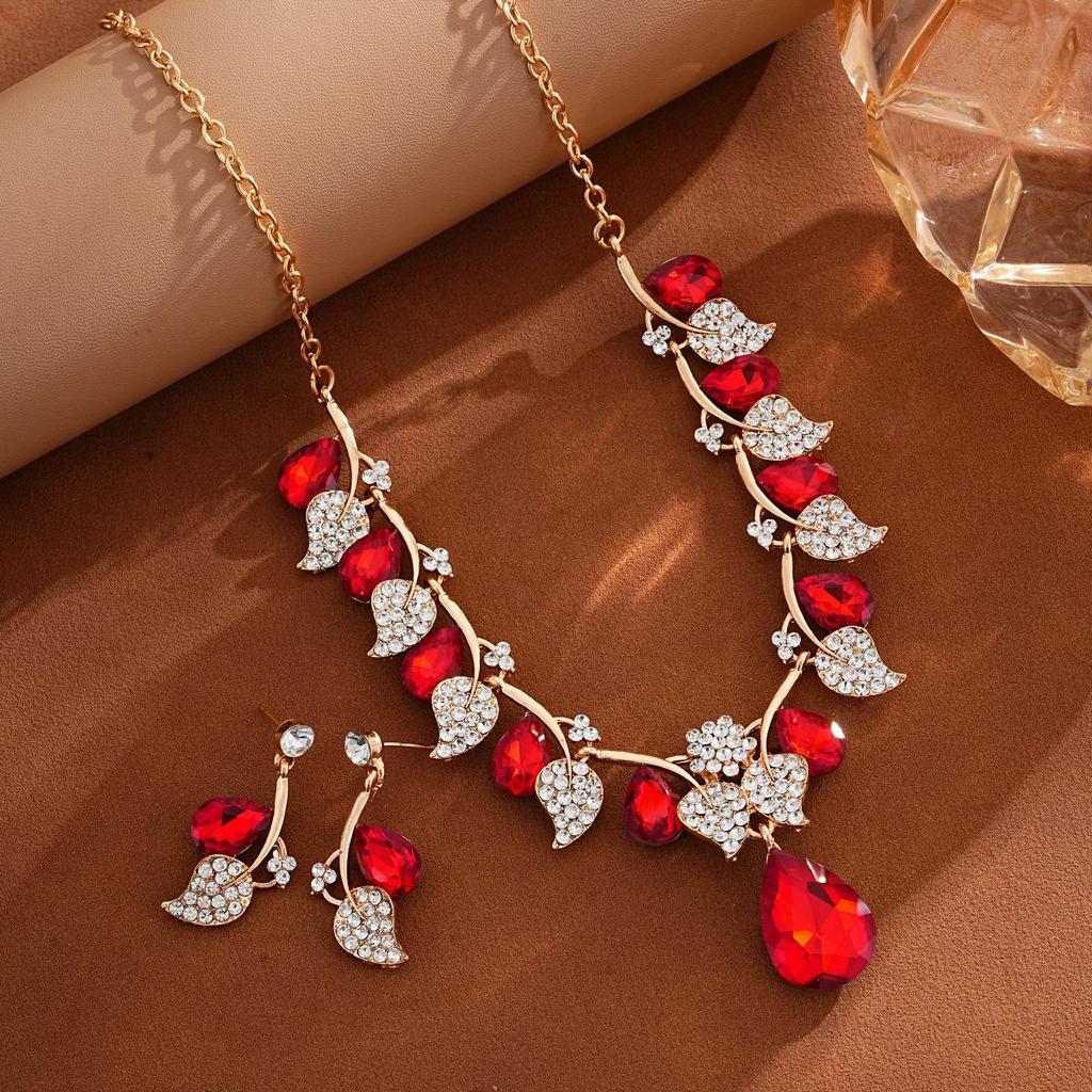 Retro Ethnic Water Drop Gem Necklace & Leaf Jewelry Set for Women