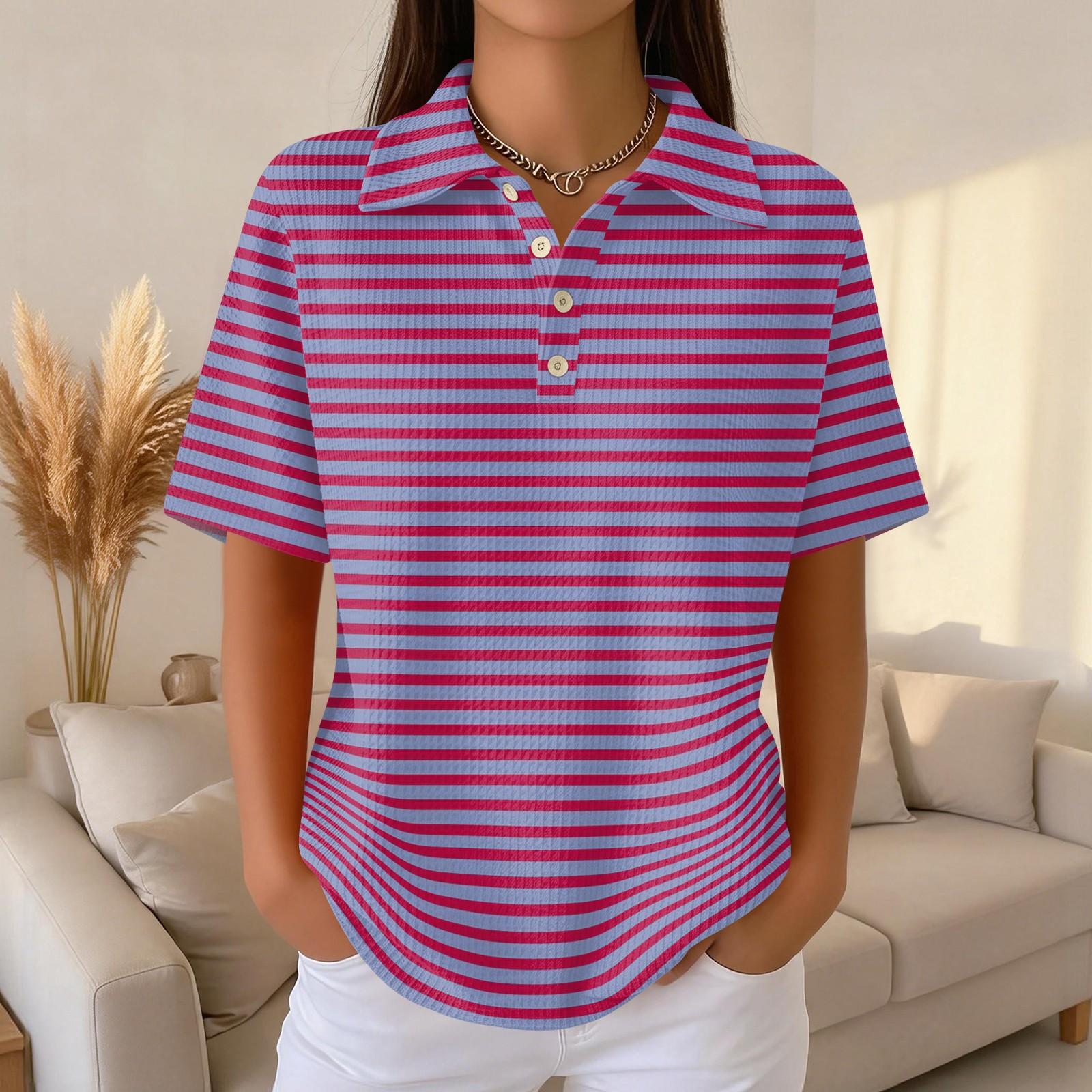

Women s Casual Short Sleeve Polo Shirt Waffle Texture Button Down Collar Top with Horizontal Stripes Pattern Suitable for Daily Wear XXL