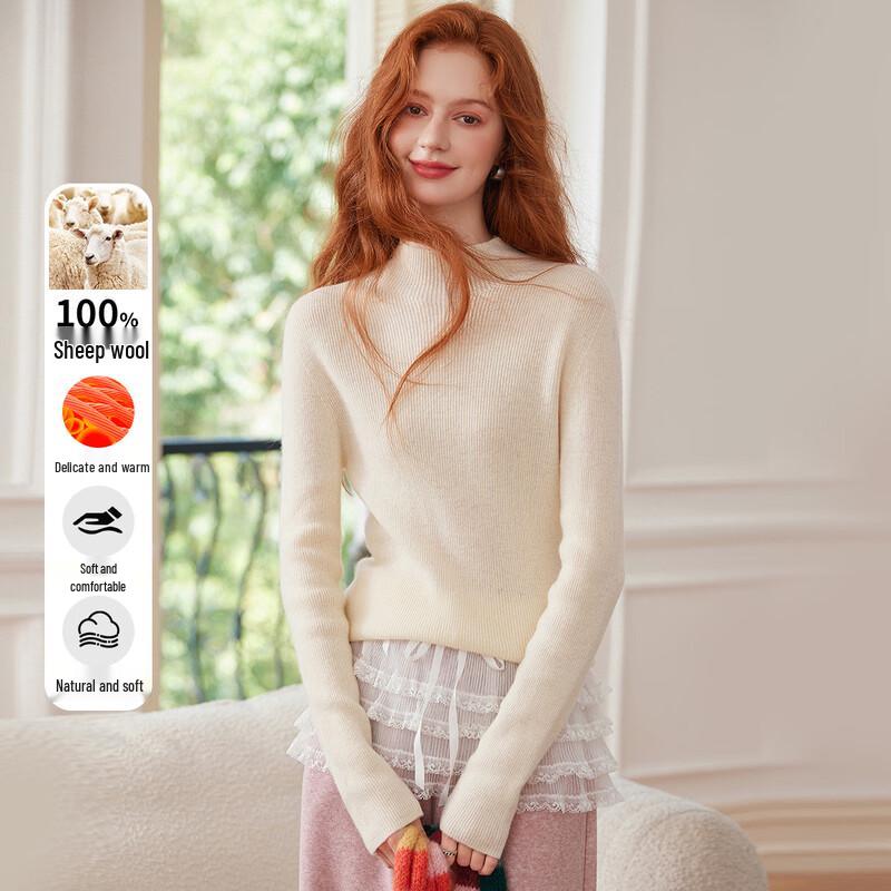 Bailuyu Women's 100% Merino Wool Stand-Up Collar Knit Sweater