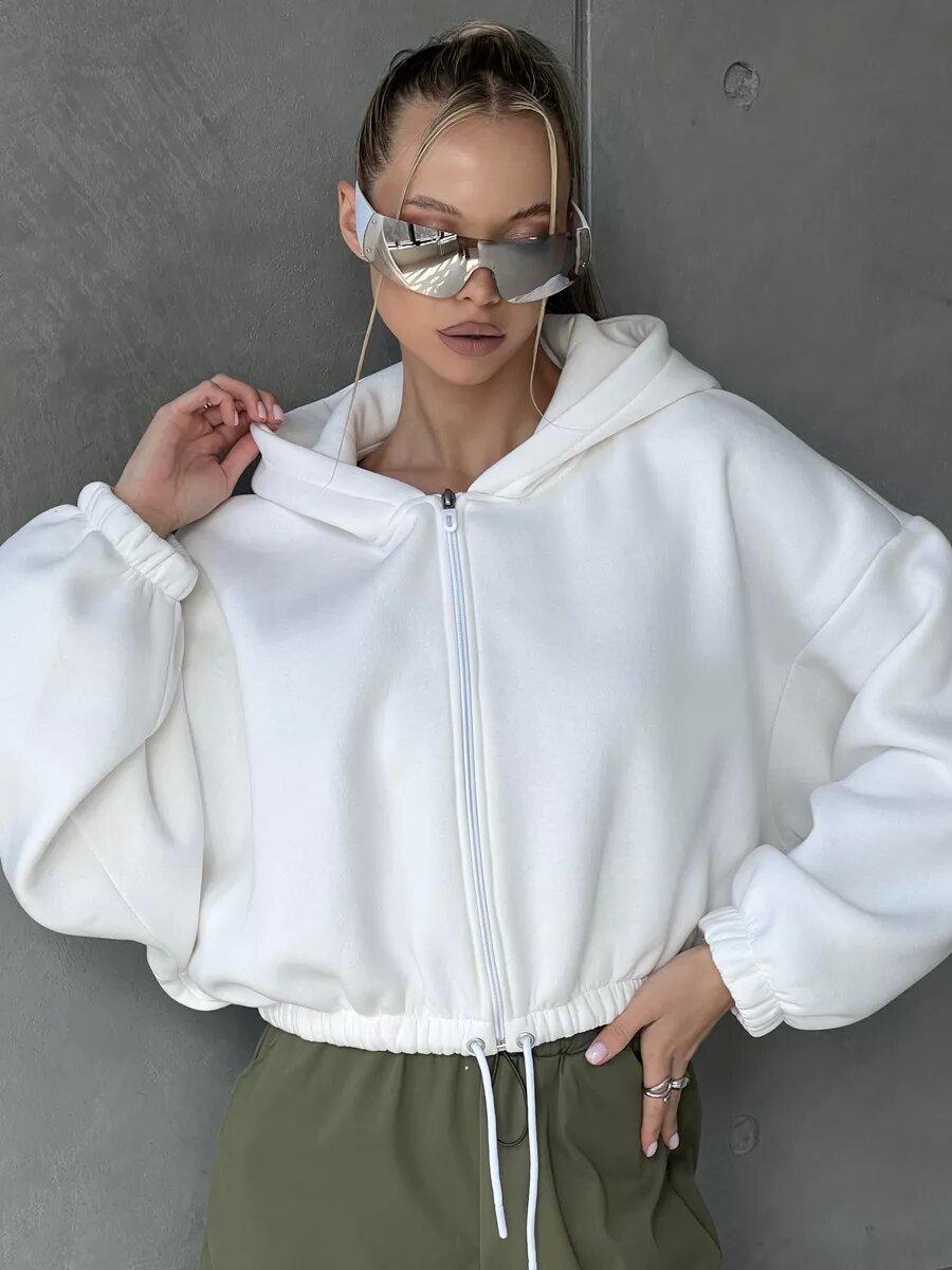 Women s Spring 2026 Slim Fit Cropped Hoodie - Casual Zipper Long Sleeve Jacket S белый