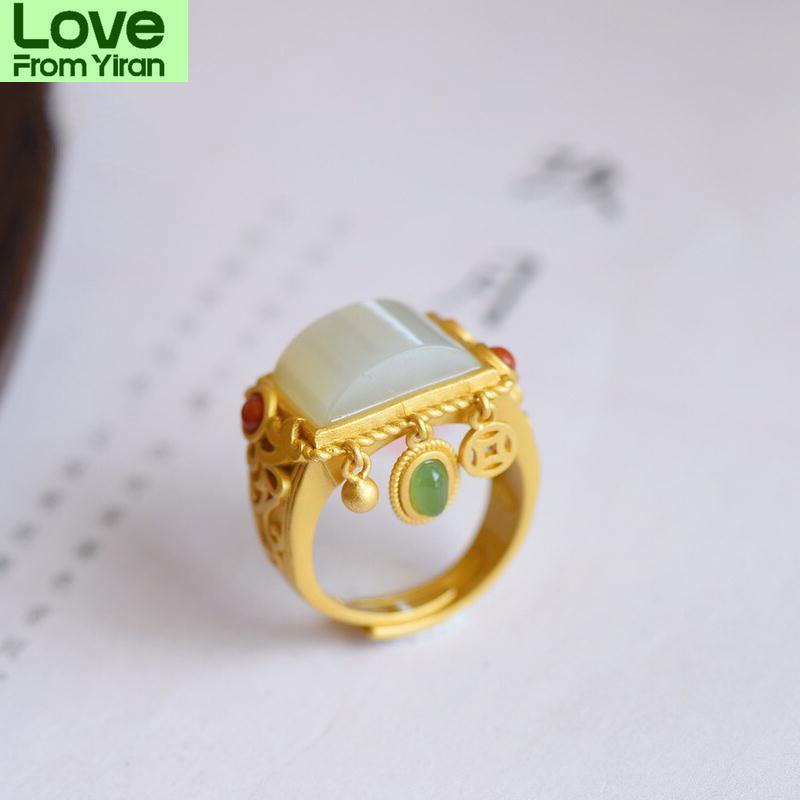 

Кольцо из стерлингового серебра S925 с квадратной зеленой точкой и натуральным хетианским нефритом с фимбриллой для женщин