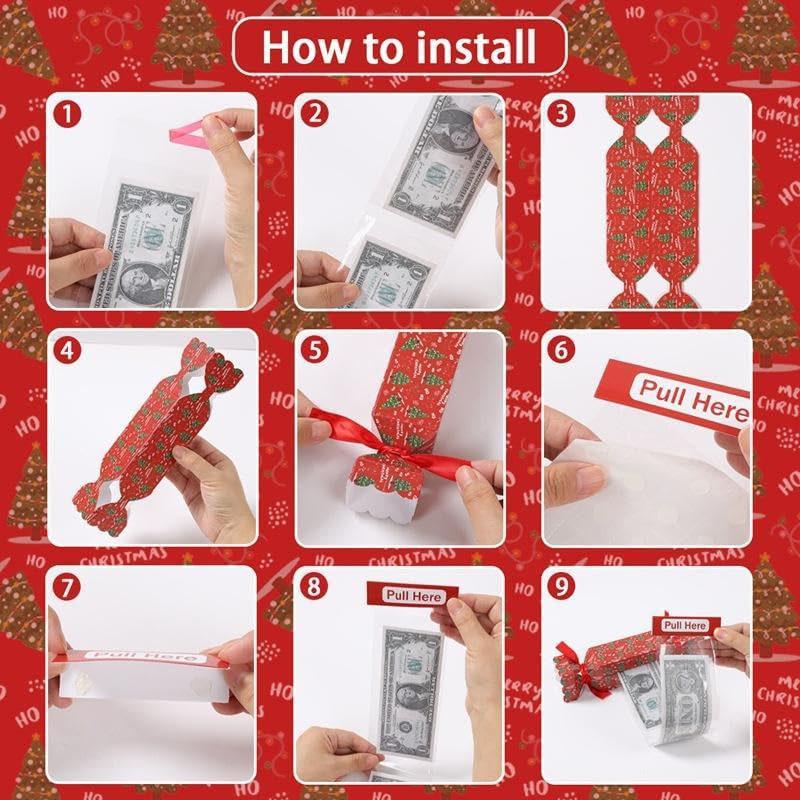 4PCS Christmas Money Box for Cash Gift Pull,DIY Candy Christmas Money Holders for Cash,Funny Surprise Box Money Gift Box with 40 Transparent Bags