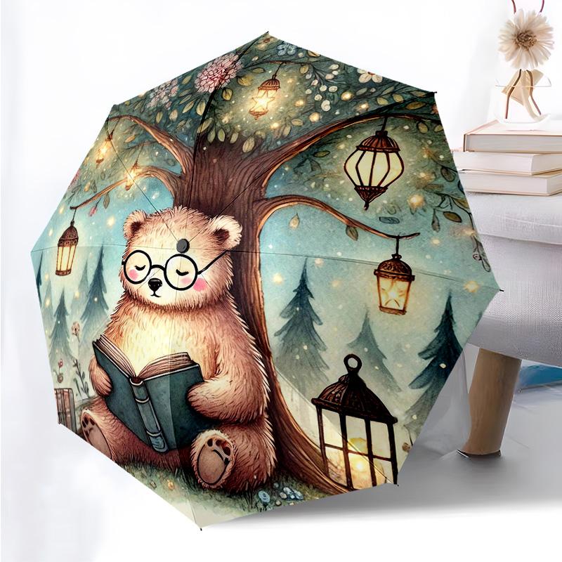 Animals Reading Themed Folding Umbrella Fashion Auto-Open 8 Iron Ribs Plastic Handle Foldable Sunshade Perfect Christmas Gifts