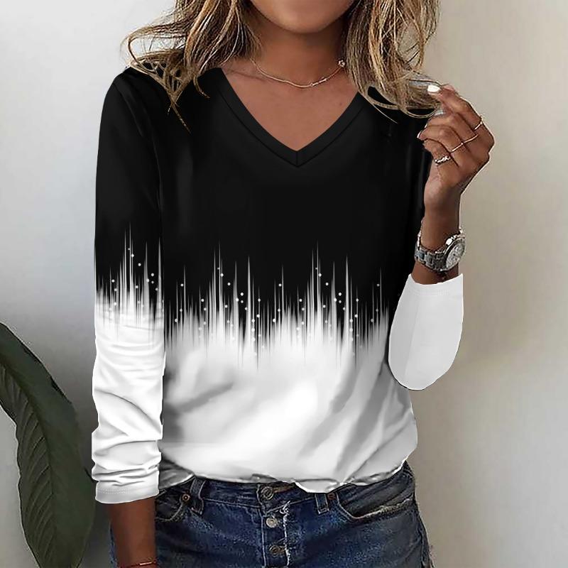Fashion Gradient Pattern 3D Print Women V-Neck Long Sleeve T-Shirt Autumn Casual Breathable Women's Clothing Apparel Tops Tees