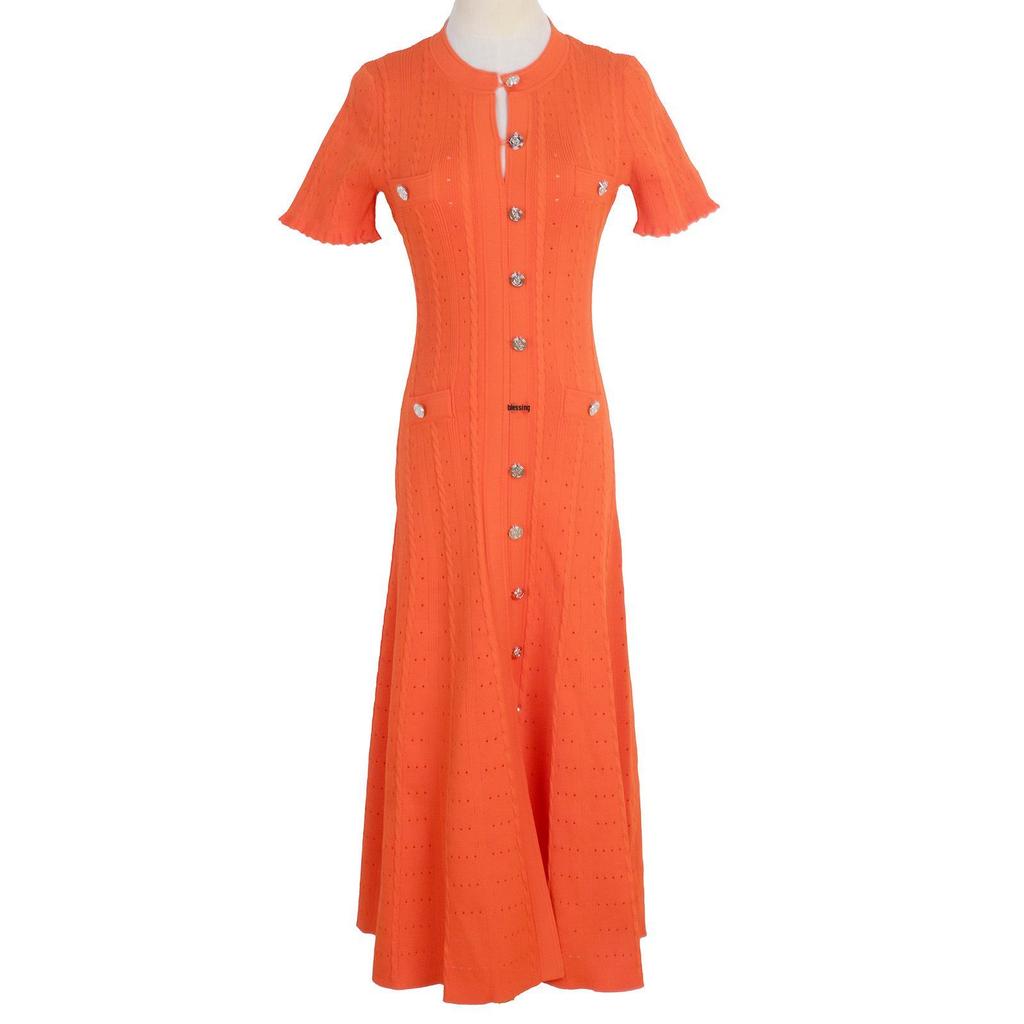 Elegant French Knit Short-Sleeve Hollow-Out Long Dress - Waist-Slimming and Single-Breasted Design