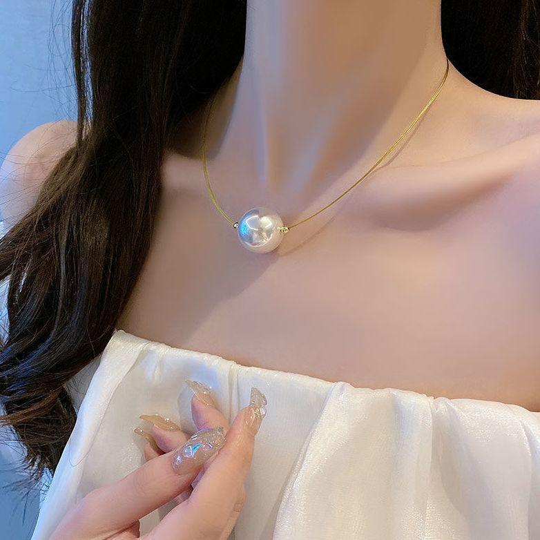 French retro pearl necklace women's one big high-end temperament summer collarbone chain neck chain accessories tide