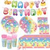 Cartoon Birthday Party Set: Squeeze Toy Decorations, Plates, Cups, Napkins, Tablecloth, Flags