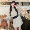 Winter Warme Vintage Gürtel Gestrickte Mini Kleid Frauen Elegante Pullover Kleider Streetwear Koreanische Feste Beiläufige Kleidung